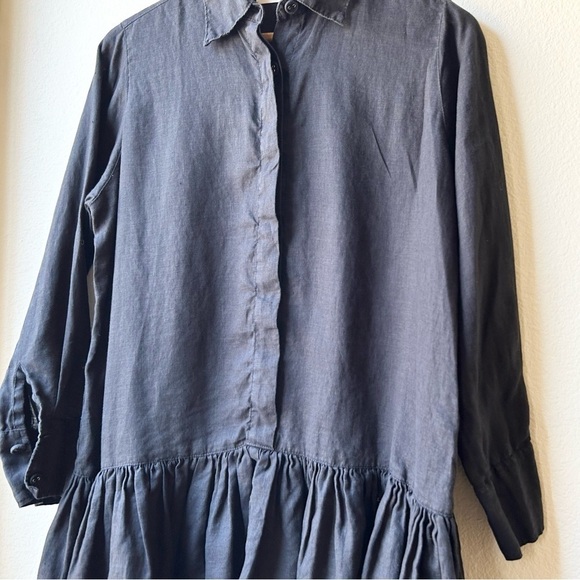Morton Mac Black Linen Pleated Peplum Lotte Long Sleeve Shirt Dress OS - Picture 5 of 16